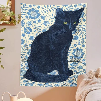 Pisica neagra Tapiserie de Perete Agățat de Tarot Vrăjitorie albastru flori fundal frunze Oculte Baphomet Acasă Perete Negru Decor Rece Cat