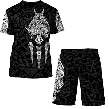 Barbati Bluza 2-Bucata cu mânecă Scurtă tricou + pantaloni Scurți de Plajă de Vară Epocă Viking Print Supradimensionat Îmbrăcăminte Casual tricou Pulover