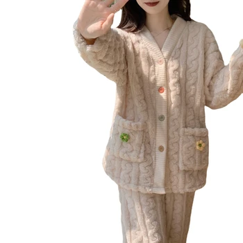 Iarna Flanel Set Pijama Femei Fata 2023 Coreean Coral Fleece Pijamale Groase Cald Homewear Mâneci Lungi Acasă Purta Costum De Pijama