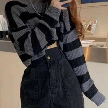 Stil coreean cu Dungi de Imprimare Trunchiate Pulover Tricotate Harajuku Tricouri Femei Epocă O-gât Toamna Iarna cu Maneca Lunga Jumper Y2K Sus