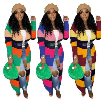 Dungi Curcubeu De Culoare Femei Cardigan 2022 Toamna Iarna Tricotate Casual Xlong Pulover Vintage Antrenament Activewear Strat Complet