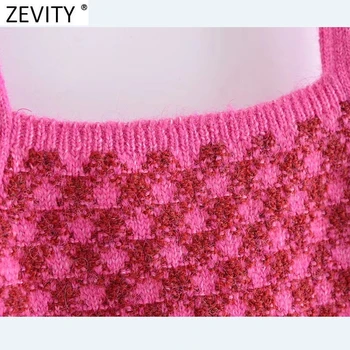 Zevity Noua Moda pentru Femei Houndstooth Print Scurt Sling Tricotate Pulover dama Elegant Carouri Slim Crop Topuri SW1108