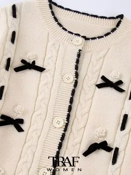 TRAF de Moda pentru Femei Cu Arcul Aplici Knit Cardigan Pulover Vintage Maneca Lunga Butoane Frontal de sex Feminin de Îmbrăcăminte exterioară Topuri Chic