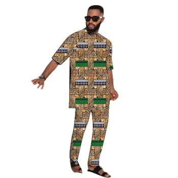 Jumătate Maneca Topuri Cu Pantaloni pentru Bărbați de Imprimare Nigeria Moda Tricou Masculin Mire Costum Personalizat din Africa de Mireasa Tinute de Petrecere