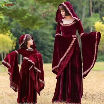 Medieval Victorian Rochie Pentru Femei Steampunk Flare Sleeve Vrăjitoare Halat De Cosplay Costum Gotic Vin Roșu Capota Rochie Lunga Vestidos