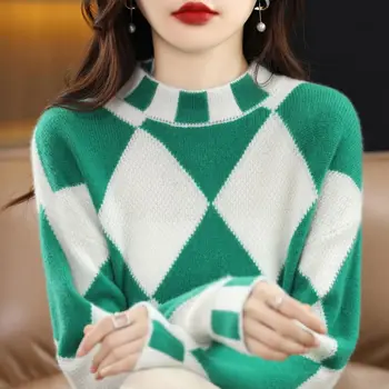 Pulover 2022 contrast de culoare diamant verifica pulover femei cu jumătate de înaltă gât pulover pulover tricotat pulover femei top
