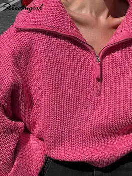 Solid Pulovere Femei De Tricotat Pulovere Supradimensionate Liber Knitwears Moda Topuri Femeile'Sweater Trandafir Rosu Cu Fermoar Pulovere Pentru Femei