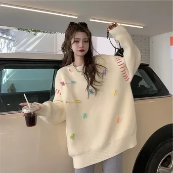 Coreea Style Fată Dulce Tricot Pulover Femei Plus Dimensiune Pin Urs Tricot Vrac Top 2022 Toamna Iarna Noua Moda Pulover Casual