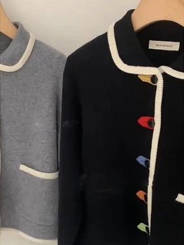 2022 Toamna Iarna Femei Rever Scurt Cardigan Tricot Haina Cu Maneca Lunga Epocă Pieptul Singur Pulover De Sex Feminin Coreeană Stil Chic