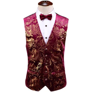 Aur Steampunk Vesta Costum Bărbați Gilet Homme de Mireasa fără Mâneci Slim Plus Dimensiunea Rochie Floral Veste pentru Bărbați Single Butoane Vesta