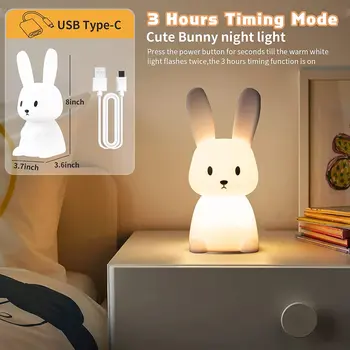 Iepure drăguț LED Lampă de Noapte Iepuras din Silicon USB Reîncărcabilă de Dormit Veioza Touch Senzor Timer Copil Cadou Dormitor Lampă de Noptieră