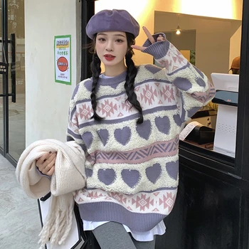 Femeia Iarna Cald Pulover Supradimensionat Dulce Epocă Dungi Broderie Casual Pulover Pulover Tricotate Streetwear Harajuku Topuri