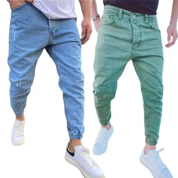 Barbati Blugi Albastru Talie Elastic Pantaloni Casual Verde Slim Fit Pantaloni Kaki Blugi Streetwear Haine de Designer pentru Bărbați