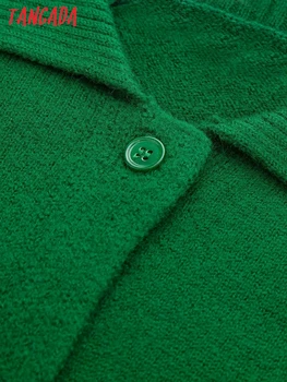 Tangada Femei de Moda Verde Confortabil Verde Cardigan Tricot Pulover Vintage Rever Guler Maneca Lunga Femei Îmbrăcăminte exterioară 3H587