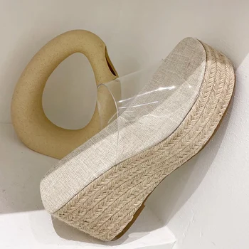 Moda Doamnelor Pene Papuci de casă Pompe de Pantofi Transparent din PVC de sex Feminin Casual în aer liber Sandale Superficial Femei Tocuri inalte Tobogane
