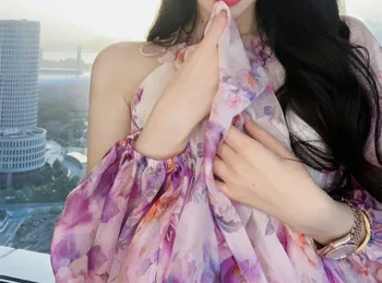 Moda Coreeană Femei Florale Șifon Drapat Lung Rochie Boho Vacanta Plaja Halat De Sex Feminin Puff Maneca Lunga Talie Mare Parte Vestidos