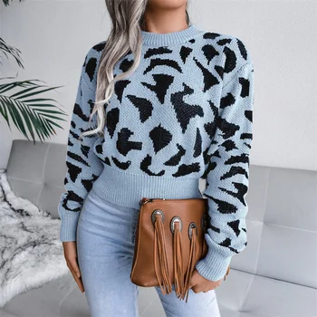 Femei Pulover Toamna Iarna Model Leopard Tricotaje Bluze Cu Maneci Lungi Rotunde Gât Subțire Pulovere Pentru Femei De Moda Streetwear