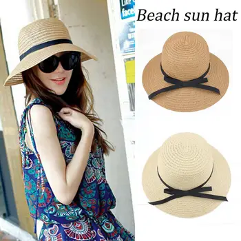 Găleată Pălărie De Plajă De Vară, Pălării De Paie Pentru Femei Top Plat Panglică Bowknot Pălării De Paie Floppy Bloc Uv Pălărie Bohemia L0o2