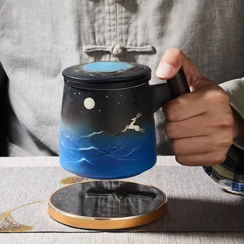 Creative Cesti pentru Cafea, Cana Ceramica cu Capac Strecuratoare de Ceai cu Bule Cupa Mâner de Lemn de Mare Capacitate Cana pentru Ceai Cadou de Ziua Tatălui
