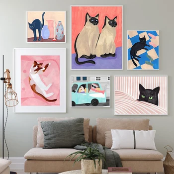Pisici amuzante Postere nu Trezi franceză Pisica Panza Pictura Animale de Desene animate Wall Art Print Imagini pentru Camera de zi de Decorare Acasă