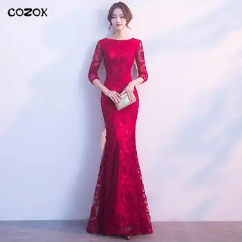 COZOK Doamna Sirenă Dantelă Cheongsam Flori pe Un Umăr Chineză Tradițională Qipao Plasă Sexy Nunta Rochie de Petrecere Rochie Maxi Vestidos