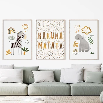Boho Curcubeu HAKUNA MATATA Animale, Elefant, Zebra, Rinocerul, Hipopotamul Pepinieră de Arta de Perete Poze Panza Pictura Decor Camera pentru Copii