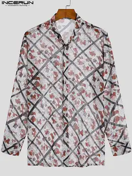 Barbati Tricou de Imprimare Plasă Transparentă Stand de Guler Maneca Lunga Streetwear Bărbați Îmbrăcăminte 2022 Moda Casual Camisas S-5XL INCERUN