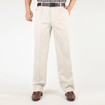 Primavara-Vara Subțire Plus Dimensiune Bărbați Pantaloni de vârstă Mijlocie, Talie Mare Libertate Pantaloni Drepte Dublu Cutat Bumbac Solid Pantaloni Casual
