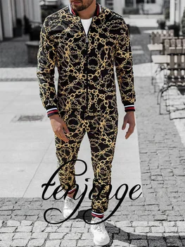 TENJINGE Bărbați seturi de Leopard Costum 2 Piese Costume Sportive Europene American Tendințe de Imprimare 3D cu Fermoar Slim Casual Fashion Treninguri Barbati